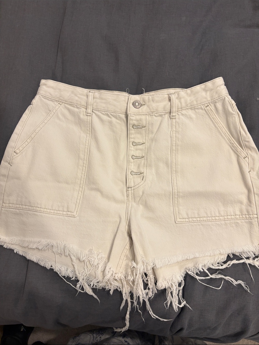 Free People Cream Frayed Hem Button-Front Jean Shorts